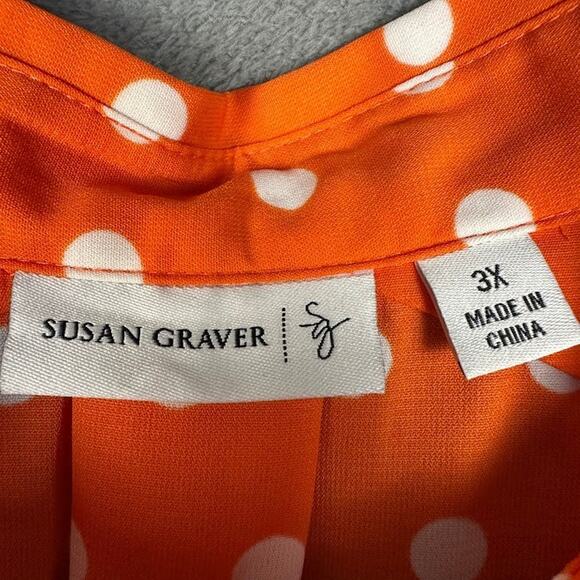 Susan Graver Top Women 3X Orange Polka Dot Button Front 3/4 Length Sleeve Office - Picture 7 of 12